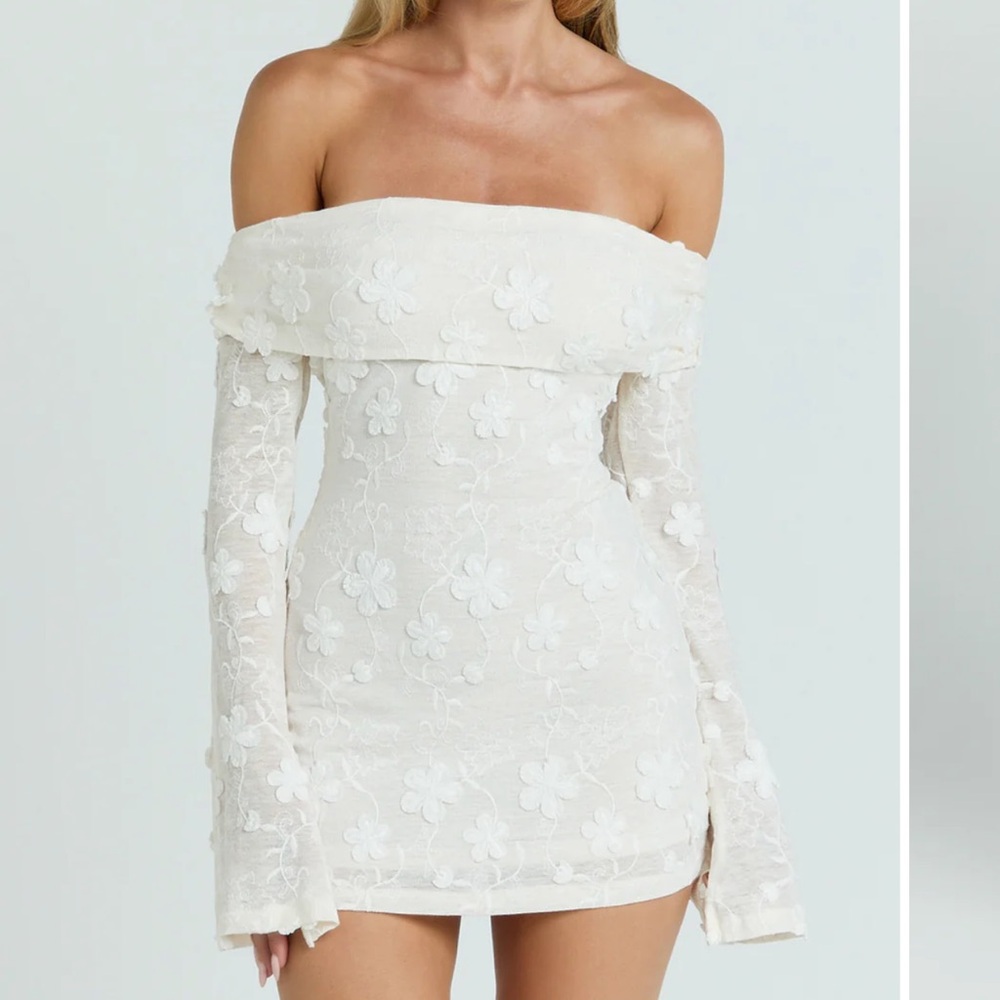 Showpo RAYMOND MINI DRESS - OFF SHOULDER LONG SLEEVE FITTED DRESS IN IVORY